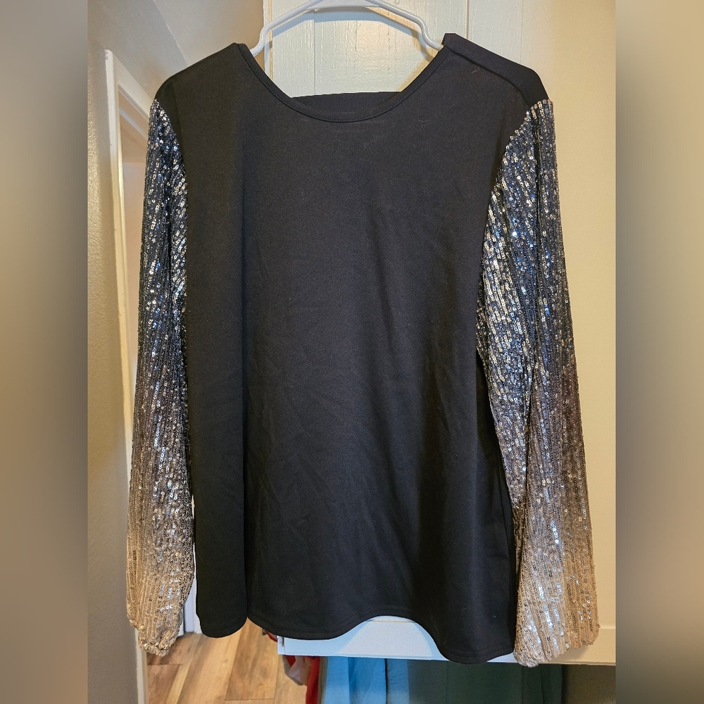 Black Sequin Sleeve Top